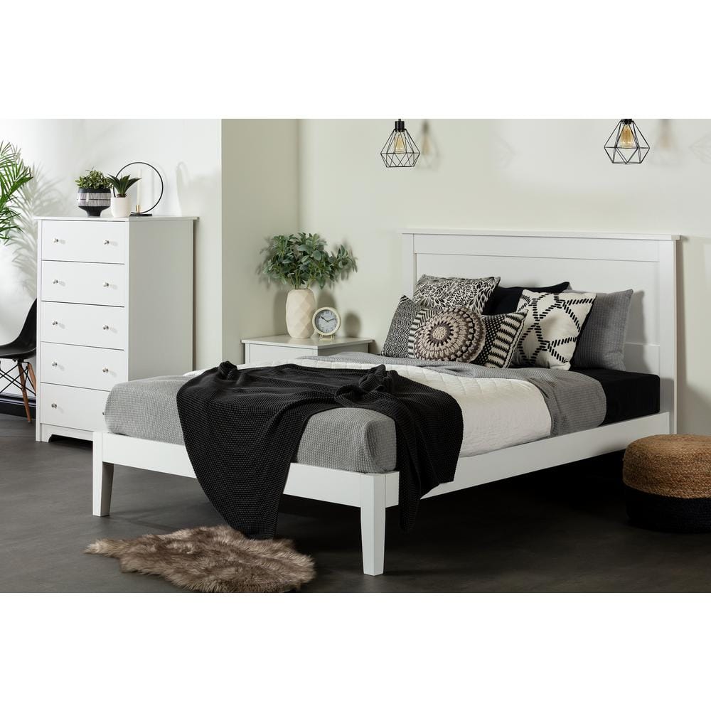 Pure White Solid Wood Queen Platform Bed with Upholstered Slats