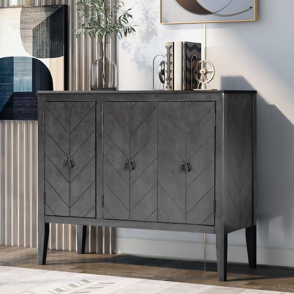 Harper & Bright Designs Gray Wood 37 in. Sideboard Accent Storage Cabinet with Adjustable Shelves