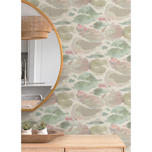 Water Lily Blush and Teal Green Peel and Stick Wallpaper Sample