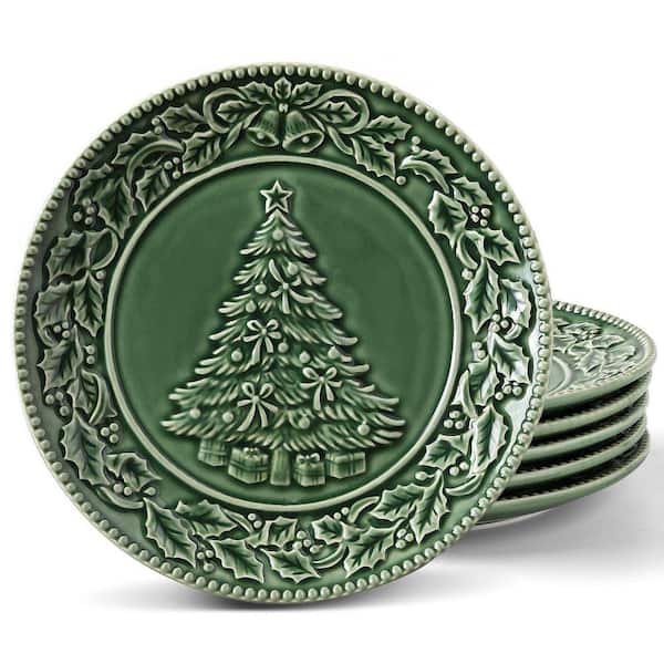 JFVKAF 6-Piece Christmas Tree Embossed Green Ceramic Salad Plate