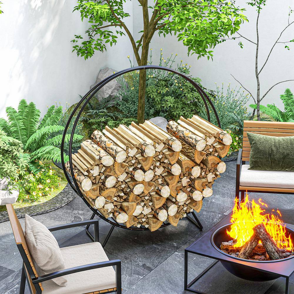 48" Black Powder-Coated Steel Firewood Rack with Waterproof Cover