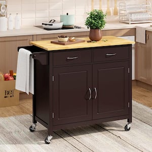 Brown Rolling Kitchen Cart with Towel Rack and Wood Table Top