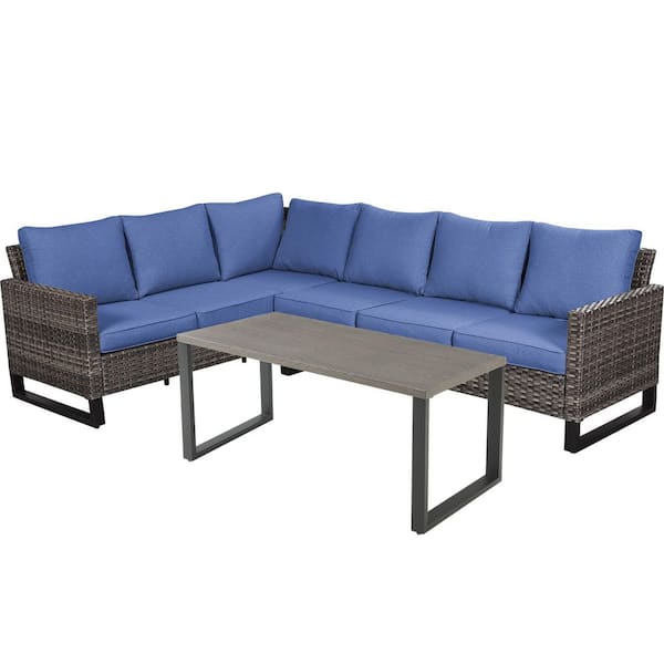 Pocassy 3-Piece Rattan Gray Wicker Patio Conversation Outdoor Seating Set with Blue Cushions