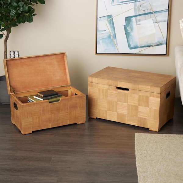 Litton Lane 16 in. x 28 in. Brown Wood Handmade Trunk with Black Metal Accents and Square Patterns (Set of 2)