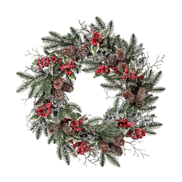 24 in. Green Artificial Ice/Sequin Pine Waterproof Berry Holly Wreath