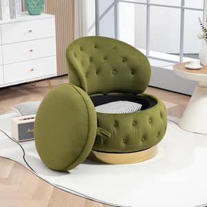 Contemporary Olive Green Velvet Upholstered Wide Seat Cuddle Swivel Barrel Chair with Storage