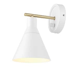 Tristan 1-Light Matte White Dimmable Plug-In or Hardwire Sconce with Brass Accent, White Fabric Cord