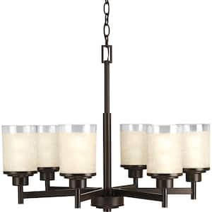 Alexa Collection 6-Light Antique Bronze Etched Umber Linen With Clear Edge Glass Modern Chandelier Light