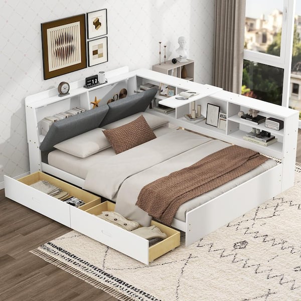 Harper & Bright Designs White Wood Frame Full Platform Bed with 2-Drawer, Linen Upholstered Headboard with Hidden Storage, Rotatable Board