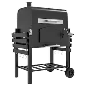 Portable Adjustable Height Charcoal Grill in Black with Folding Shelves, Thermometer, Bottle Opener and Wheels
