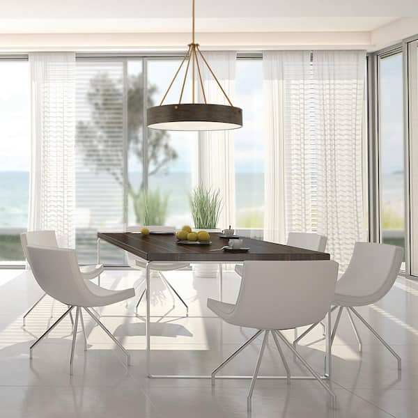 Erba 60-Watt 6-Light Old Satin Brass Modern Pendant Light with Grey Wood Shade and No Bulbs Included
