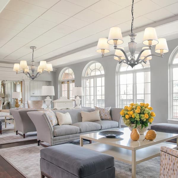 Magic Home 6-Light Wrought Iron Medieval Chandelier for Dining Living Room Pendant Light in Silver with White Fabric Shade