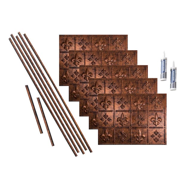 Fasade Fleur de Lis 18 in. x 24 in. Moonstone Copper Vinyl Decorative Wall Tile Backsplash 15 sq. ft. Kit