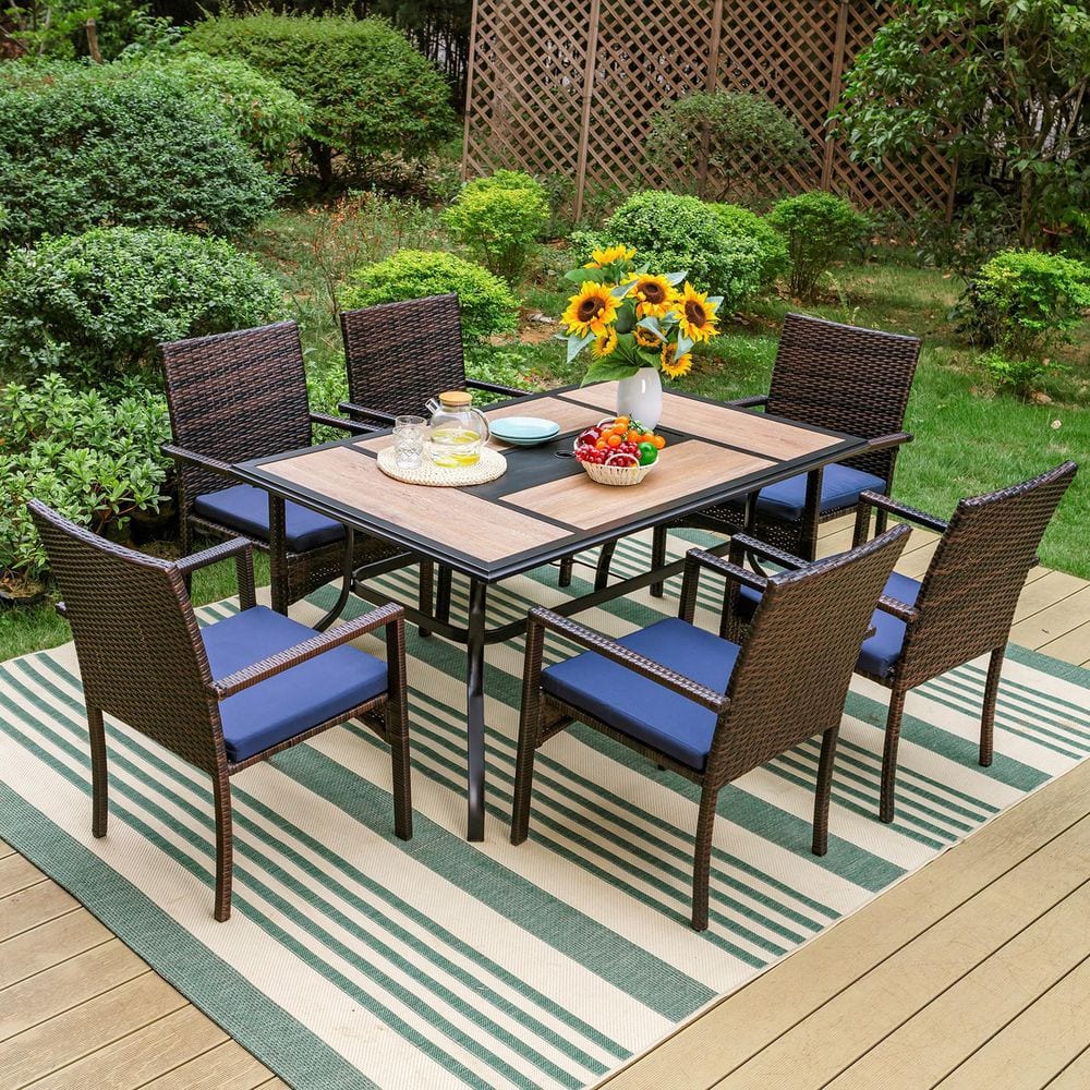 PHI VILLA 7-Piece Metal Patio Outdoor Dining Set with Rectangle Wood ...