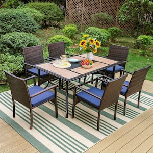 7-Piece Metal Patio Outdoor Dining Set with Rectangle Wood-look Tabletop and Rattan Chair with Blue Cushion