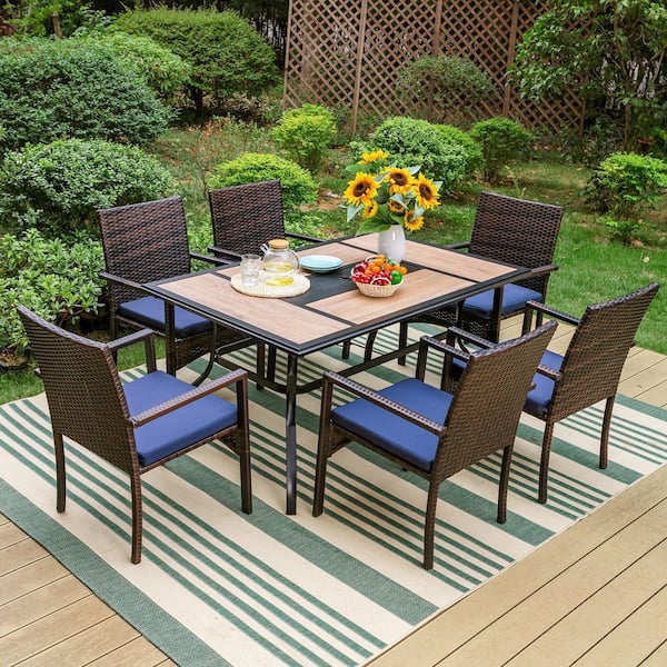 PHI VILLA 7-Piece Metal Patio Outdoor Dining Set with Rectangle Wood ...