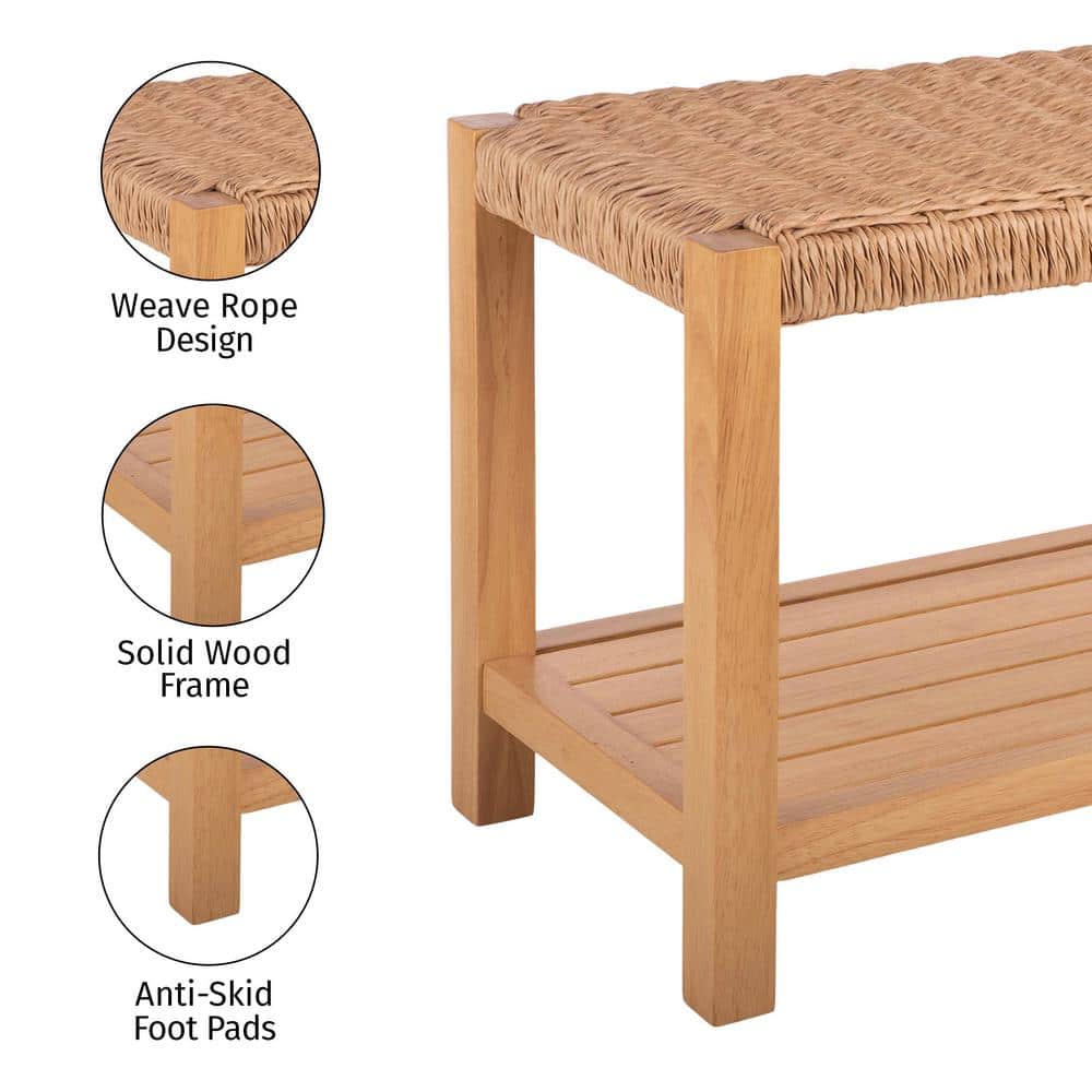 Newport 40-Inch Natural Wood Bench with Woven Rope Seat and Storage Shelf
