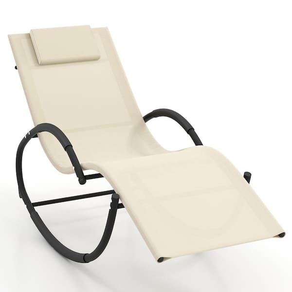 ANGELES HOME Metal Outdoor Rocking Chair Lounge Chair with Removable Headrest-Beige