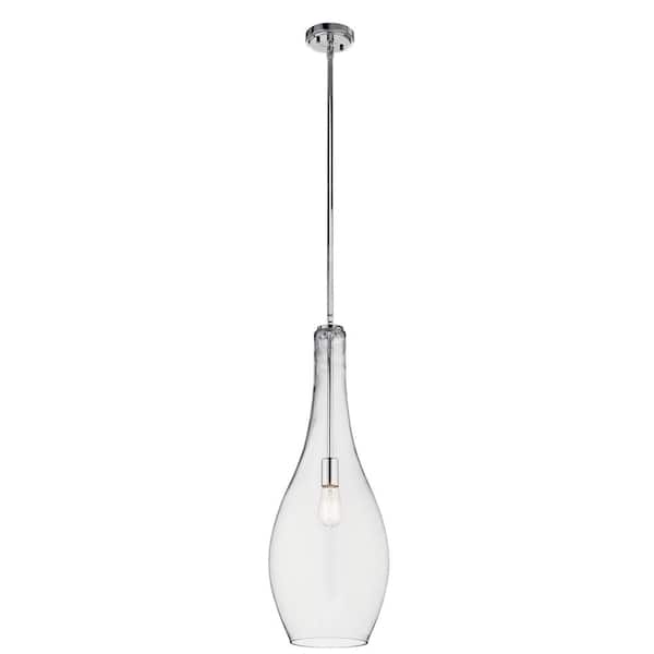 KICHLER Everly 29.5 in. 1-Light Chrome Transitional Shaded Kitchen Teardrop Pendant Hanging Light with Clear Glass