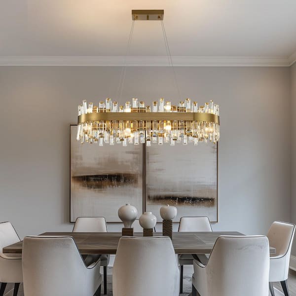 35.5 in. Dimmable 16-Light Crystal Chandelier Modern Gold Rectangular Chandelier with Clear and Crystal Accents