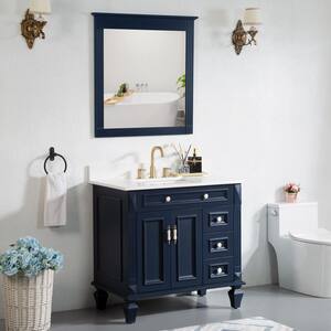 36 in. W x 22 in. D x 35 in. H Single Sink Bath Vanity in Navy Blue with White Quartz Top and Mirror
