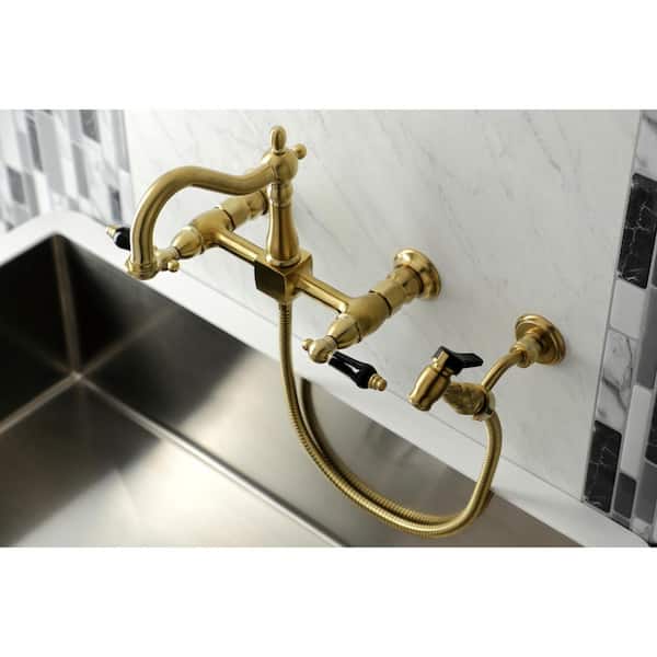 Kingston Brass Ss 2 Handle Wall Mount Kitchen Faucet With Side Sprayer In Brushed Hks1267pklbs - Wall Hung Kitchen Faucets