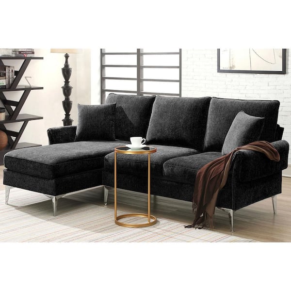 Nestfair 84 in. Black with 2-Pillows Chenille Upholstered Sectional Sofa in 2-Piece L-shaped