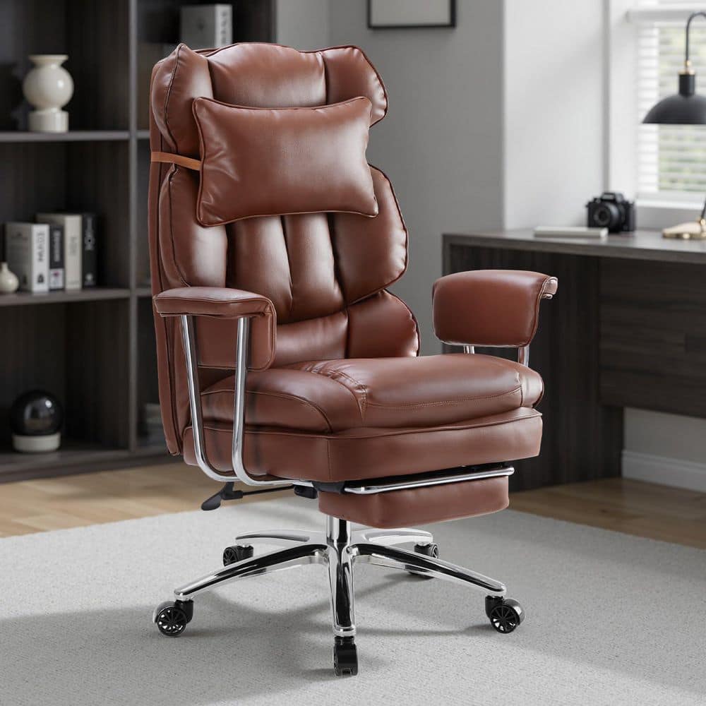 Big Tall PU Leather Reclining High Back Executive Chair in Brown with Footrest and Lumbar Support with Adjustable Arms - Thumbnail 2