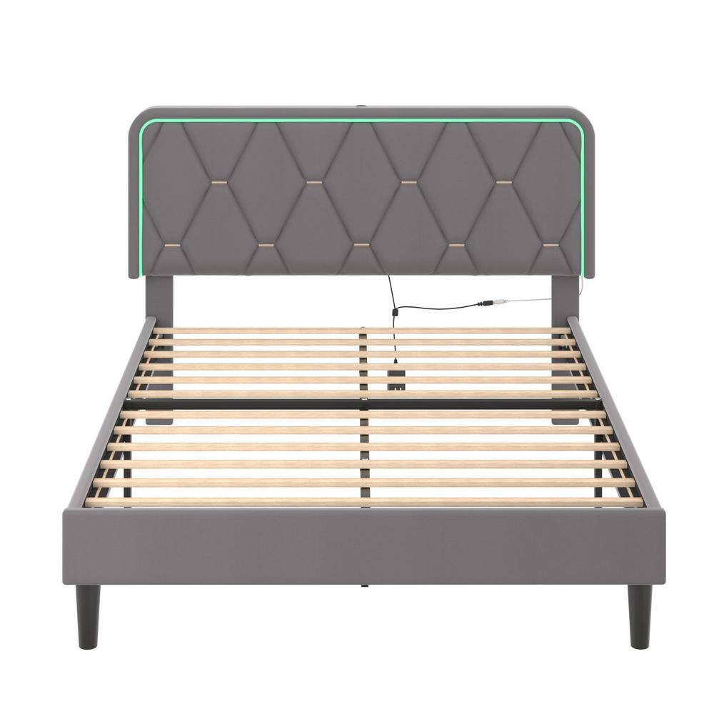 Upholstered Bed Queen Smart LED Bed Frame with Adjustable Gray Headboard, Platform Bed with Solid Wood Slats Support - thumbnail 6
