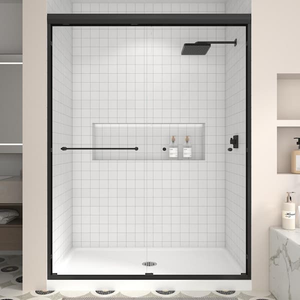 43 in. to 48 in. W x 70 in. H Sliding Framed Shower Door in Matte Black Finish with Clear Glass