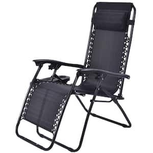 Black Folding Zero Gravity Chairs Metal Outdoor Lounge Chair with Headrest (1-Pack)