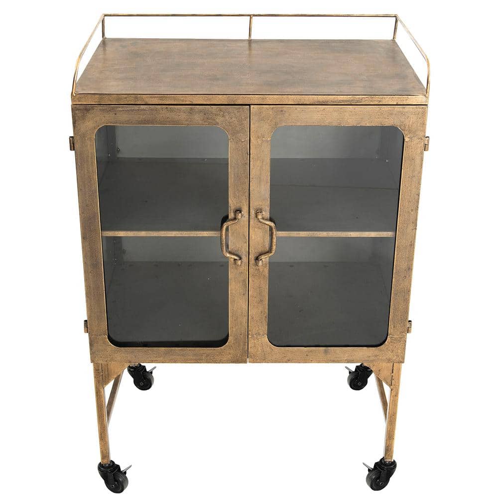 Antique Brass Metal Bathroom Cabinet with Glass Doors and Locking Wheels
