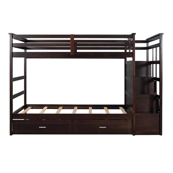 Donason Espresso Twin Over Twin Solid Wood Bunk Bed with Trundle and Staircase