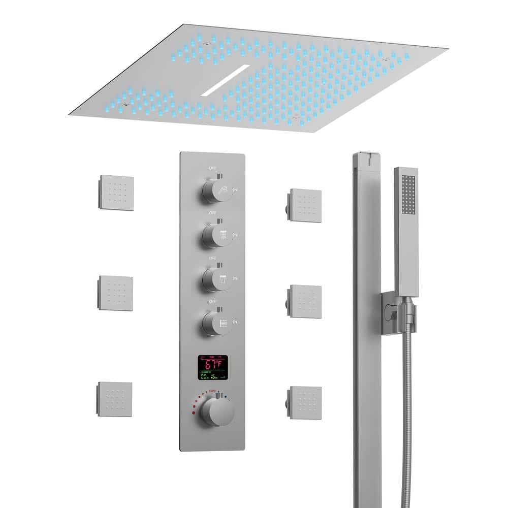 EVERSTEIN 64 LED 15-Spray 2.5GPM 16 in. Ceiling Mount Dual Shower Head Fixed and Handheld Shower Head in Brushed Nickel