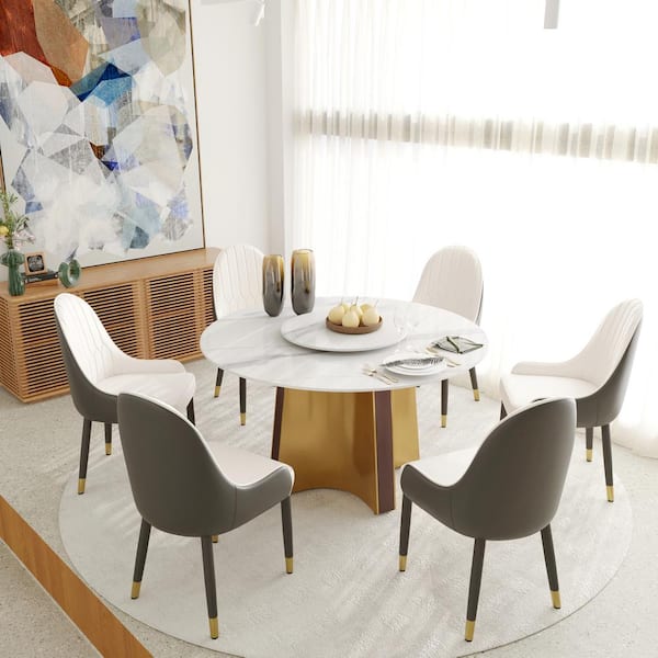 Magic Home 53.1 in. White Rotable Lazy Susan Sintered Round Stone Tabletop Gold Pedestal Base Kitchen Dining Table (Seats-6)