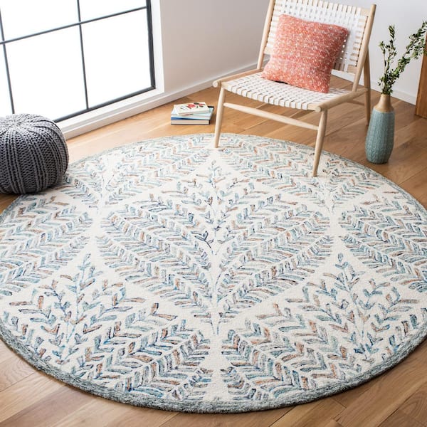 Capri Ivory/Blue 7 ft. x 7 ft. Geometric Leaf Round Area Rug