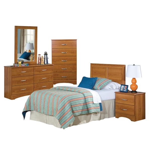 American Furniture Classics Five Piece Bedroom set including Twin Headboard, Five Drawer Chest, Six Drawer Dresser, Mirror, and Night Stand.