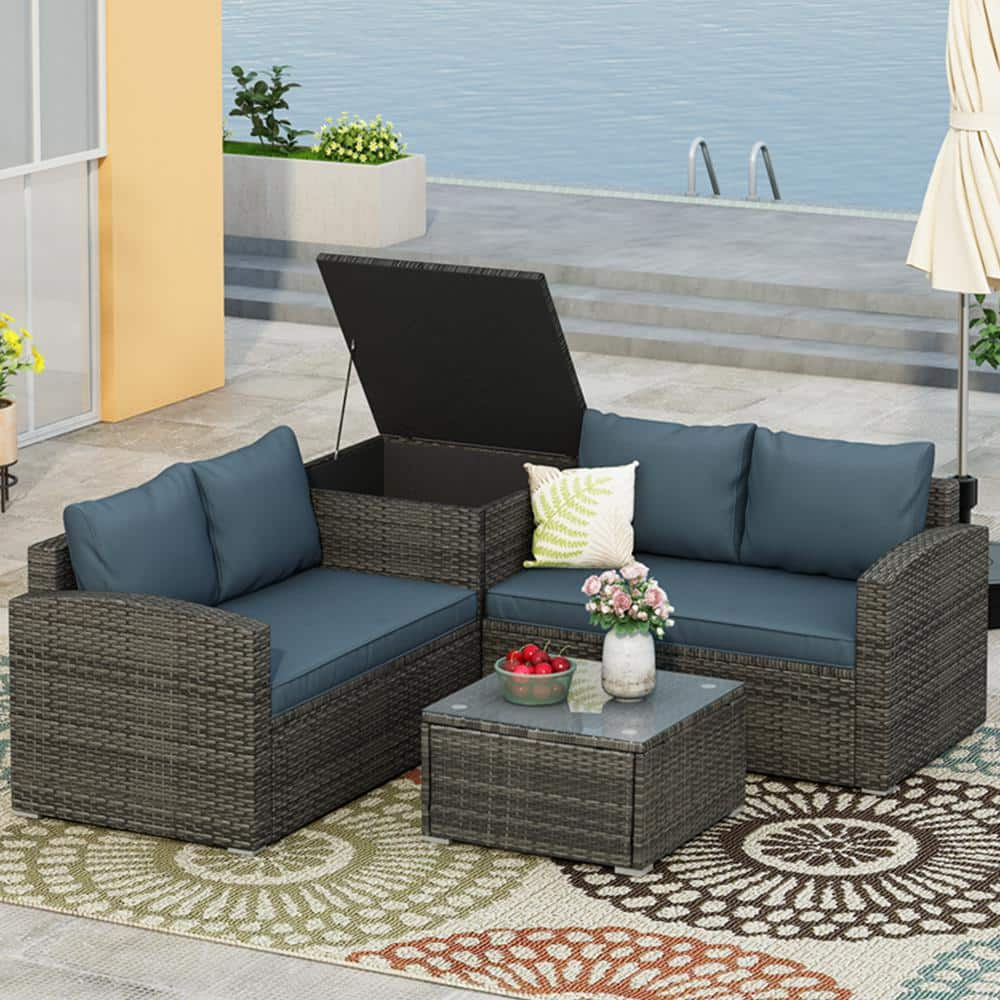 Gray 4-Piece Rattan Wicker Outdoor Sectional Sofa Set with Gray Cushion ...