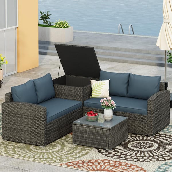 Unbranded Gray 4-Piece Rattan Wicker Outdoor Sectional Sofa Set with Gray Cushion