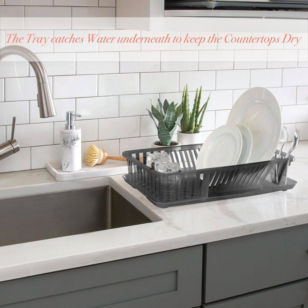 Smoke Gray Plastic Dish Rack with Utensil Cup and Tray
