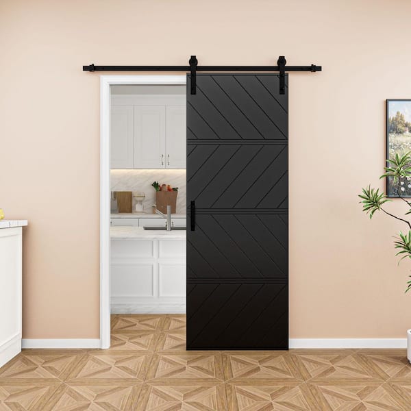 30 in. x 84 in. Paneled 4-Segments Wave Design Black MDF Sliding Barn Door Slab with Installation Hardware Kit