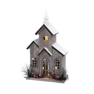 16 in. H B/O Lighted Wood House with Pine and Berry Accent