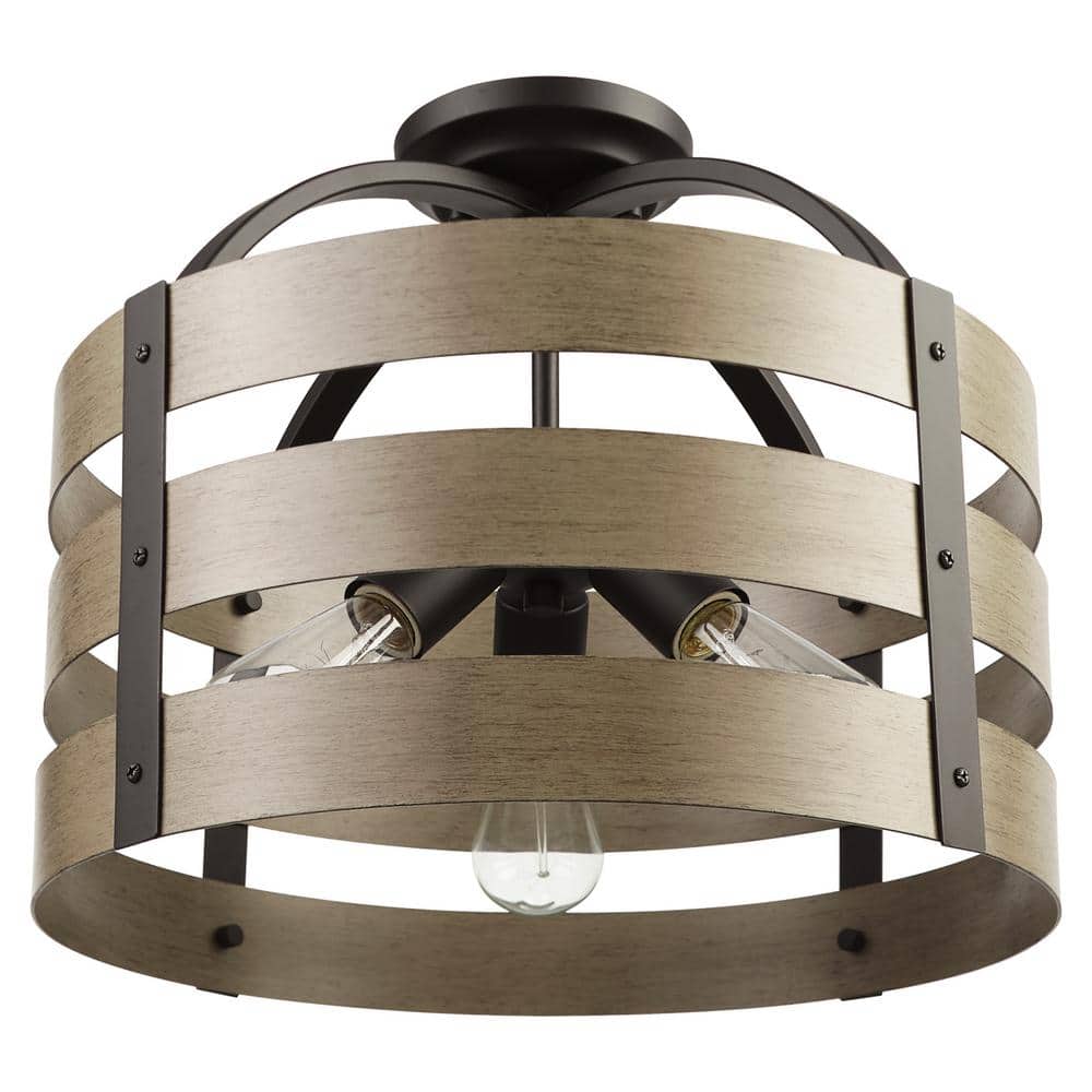 Maddox 16 in. 3-Light Matte Black Flush Mount Ceiling Light with Faux Wood 