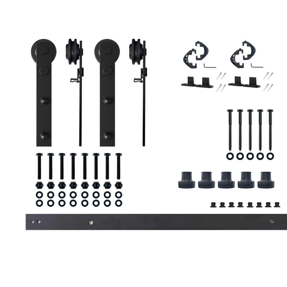8 ft./96 in. Black Rustic Non-Bypass Sliding Barn Door Hardware Kit Straight Design Roller for Double Doors price history on PriceWatchPro