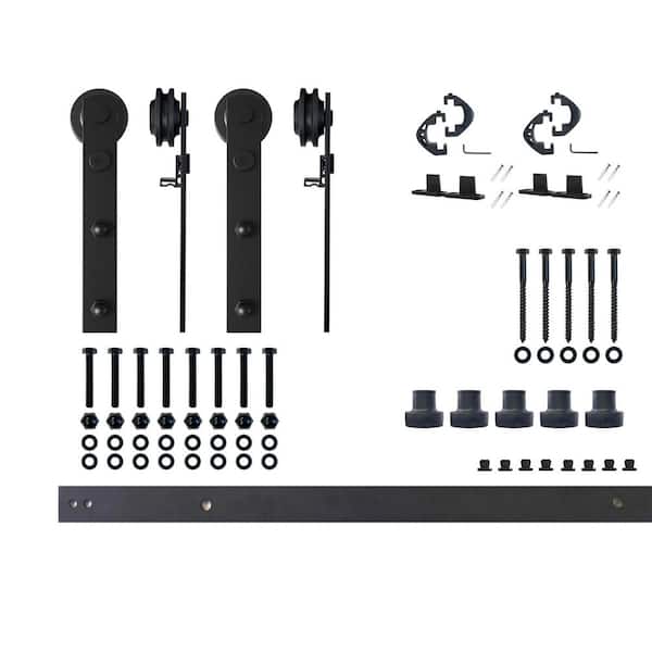 HOMACER 8 ft./96 in. Black Rustic Non-Bypass Sliding Barn Door Hardware Kit Straight Design Roller for Double Doors