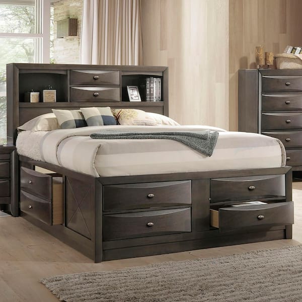 Furniture of America Lanten Gray Wood Frame King Platform Bed with Footboard Drawers, Side Rail Drawers and Headboard Bookcase