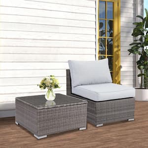 2-Piece Wicker Patio Furniture Set, Outdoor Sectional Furniture with Armless Sofa, Tempered Glass Table & Cushion, Gray