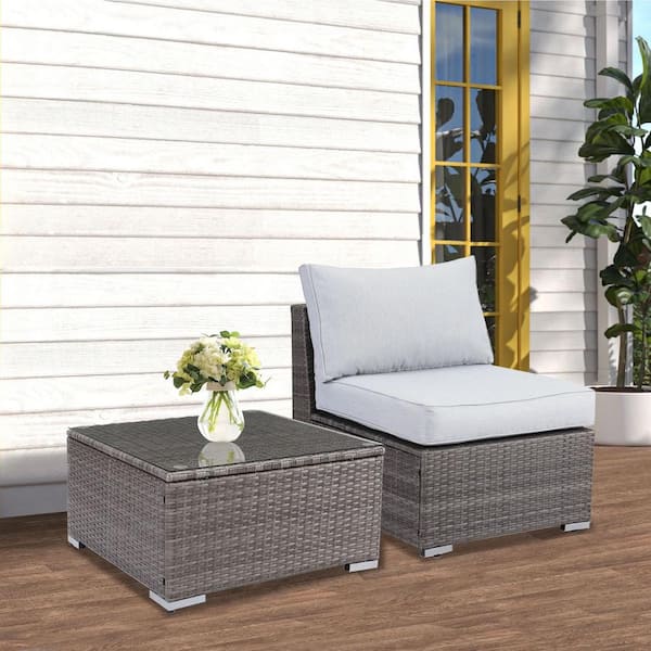 AUTMOON 2-Piece Wicker Patio Furniture Set, Outdoor Sectional Furniture with Armless Sofa, Tempered Glass Table & Cushion, Gray