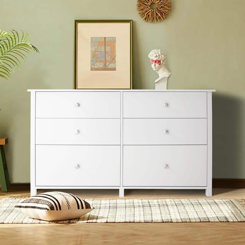 VEIKOUS White 6-Drawer Chest of Drawers Long Storage Dresser with 2 ...