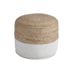 Brown and White Fabric Round Pouf with Braided Jute Pattern